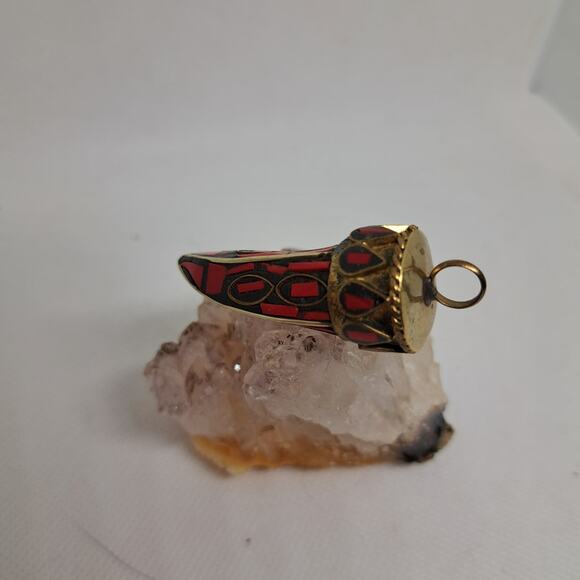 Tibetan Brass Red Coral Hand Inlayed Horn Tooth pendant 2 1/8" L x 3/4" - Picture 11 of 16